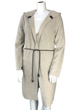 Henriette Steffensen Coat Womens L Hooded Belted Long Gray Polyester Viscose